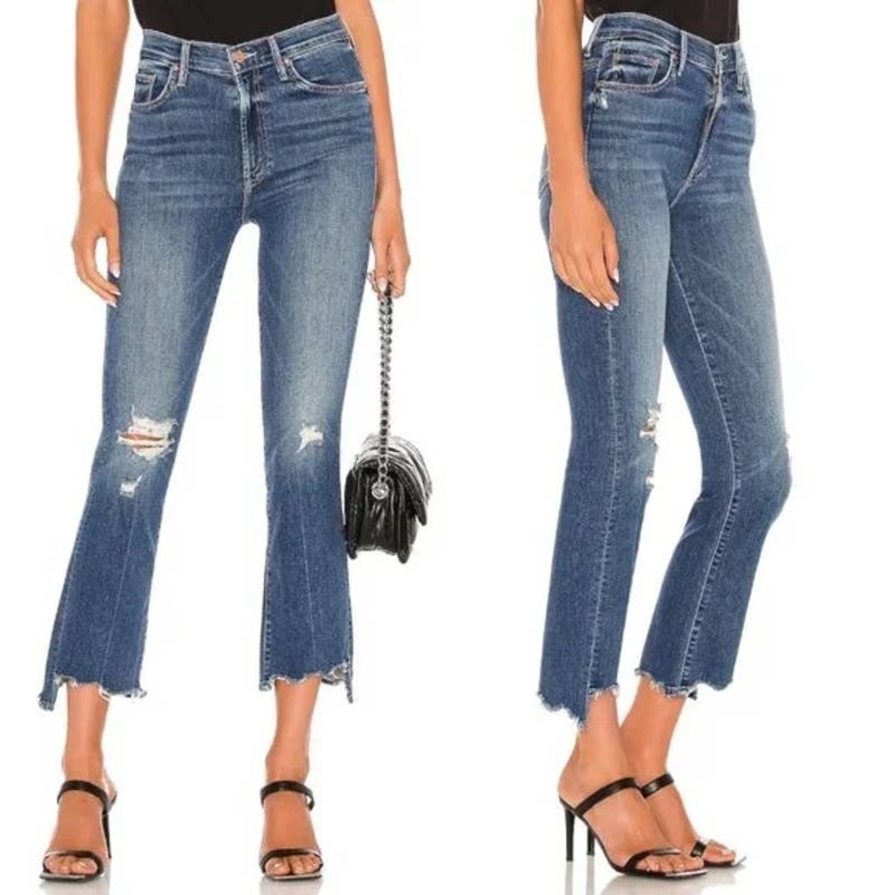 Mother The Insider Crop Step Chew Distressed Raw Hem Jeans Blue 26